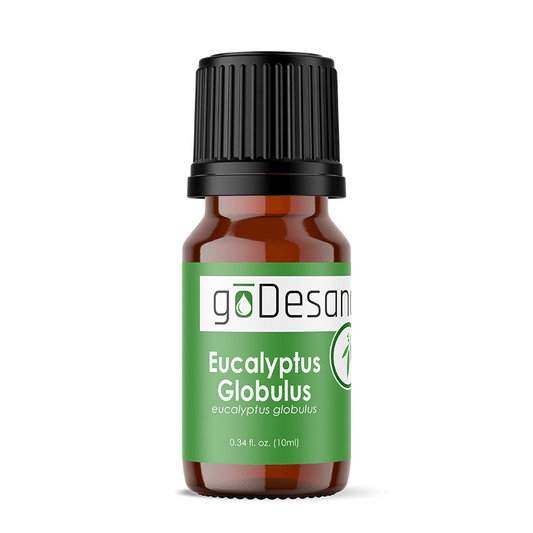 Eucalyptus Globulus essential oil bottle with black cap, amber glass, green label