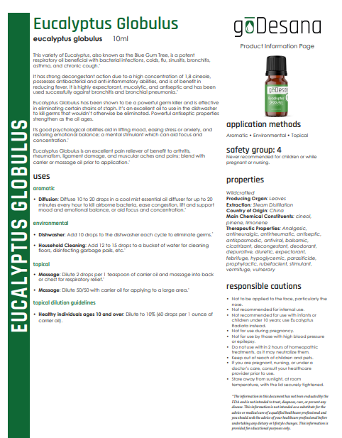 Eucalyptus Globulus essential oil label panel with goDesano usage and safety text