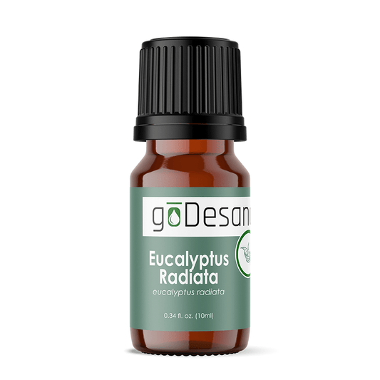 Eucalyptus radiata essential oil bottle with black cap, amber glass and green label