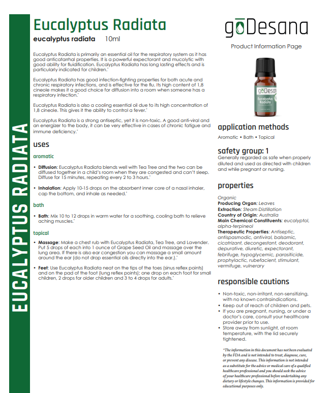 Essential oil information label for eucalyptus radiata: uses, directions, safety
