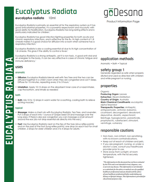 Essential oil information label for eucalyptus radiata: uses, directions, safety