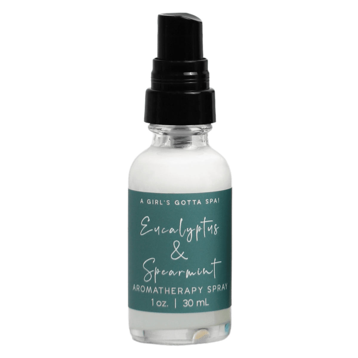 Eucalyptus and spearmint aromatherapy spray bottle with black mist top, front label