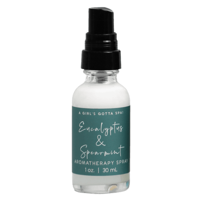 Eucalyptus and spearmint aromatherapy spray bottle with black mist top, front label