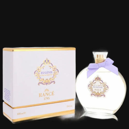 Eugenie by Rance women’s perfume bottle with gold cap and purple bow, with box