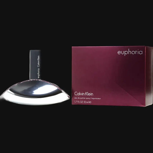 Euphoria women’s perfume set: glass bottle with silver cap and maroon box