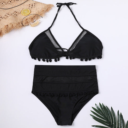 Black lace-trim halter bikini top with pom-pom edge and high-waist bottoms