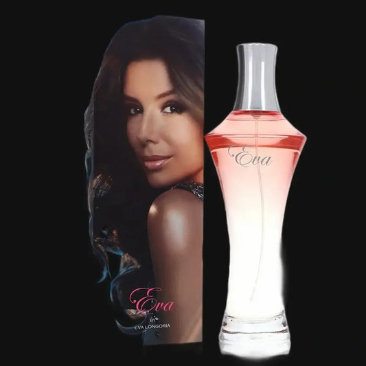 Women's perfume bottle with clear glass, red cap, pale pink label