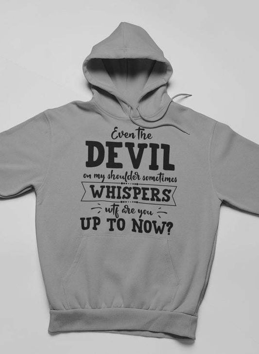 Heather grey hoodie with front graphic text, kangaroo pocket, and drawstring hood.