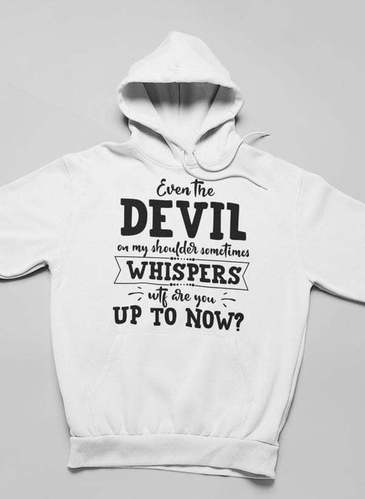 White hoodie with front graphic text, kangaroo pocket, and drawstring hood.