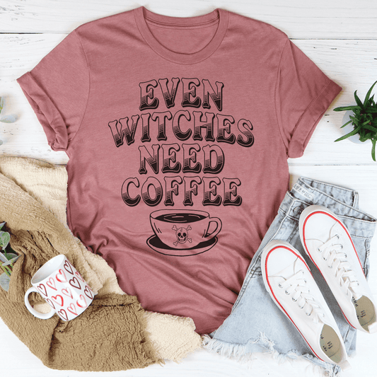 Mauve T-shirt featuring 'EVEN WITCHES NEED COFFEE' text and witch in a cup graphic