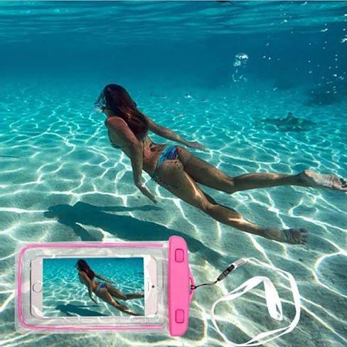 Pink waterproof smartphone pouch with clear touchscreen window and white lanyard