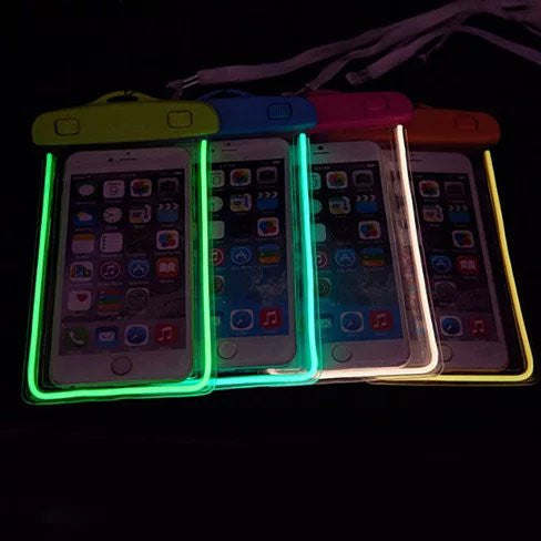 Neon-lit waterproof smartphone pouches in blue, green, pink, and orange with clear fronts