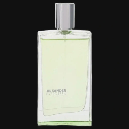 Jil Sander Evergreen perfume bottle with silver cap and pale green liquid, front view