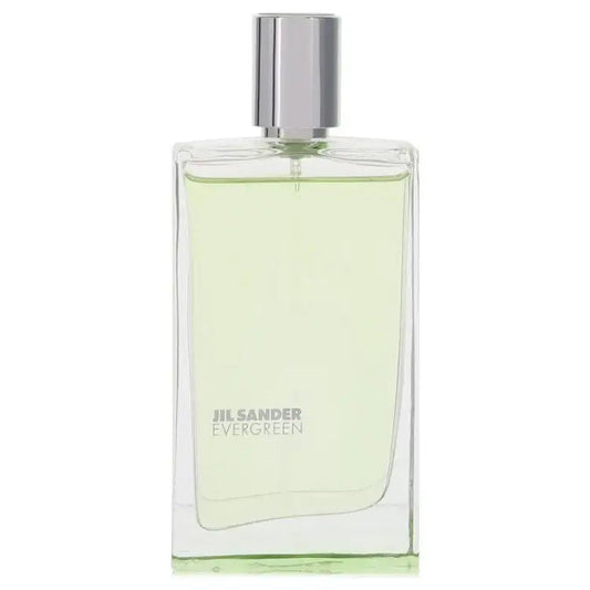 Jil Sander Evergreen perfume bottle with rounded rectangular glass, silver cap, pale green liquid