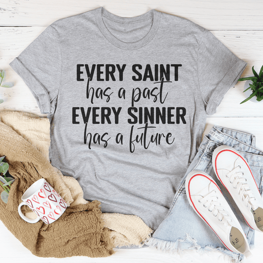 Heather gray T-shirt with 'Every Saint' and 'has a future' slogan graphic