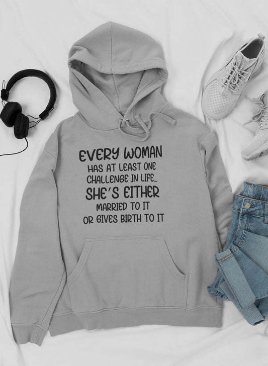 Heather gray pullover hoodie with drawstring hood and front quote graphic