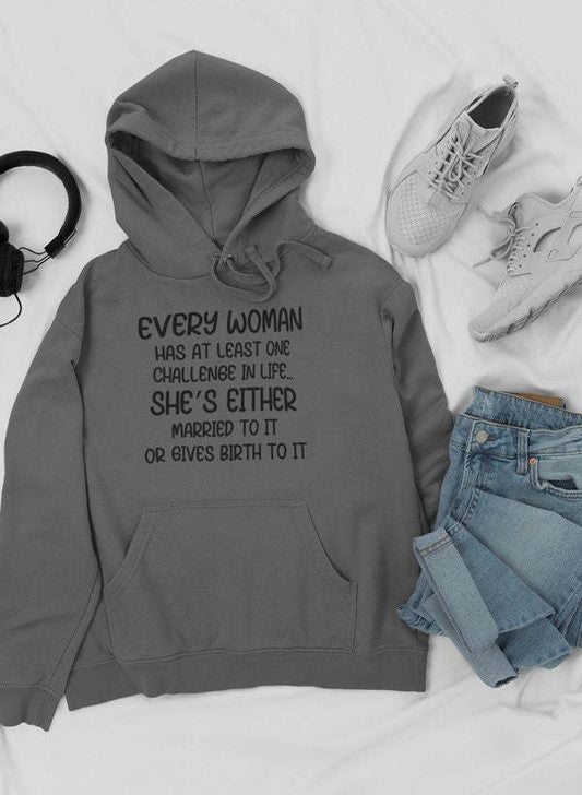 Dark heather gray pullover hoodie with drawstring hood and front quote graphic