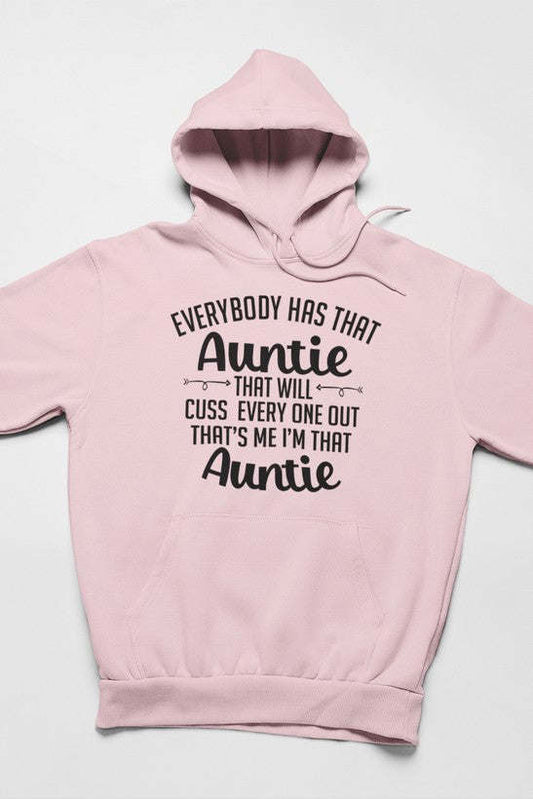 Light mauve pullover hoodie with front "Auntie" graphic and kangaroo pocket