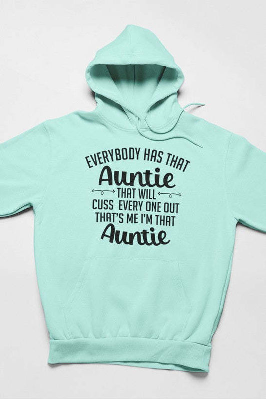 Mint pullover hoodie with front "Auntie" graphic and kangaroo pocket