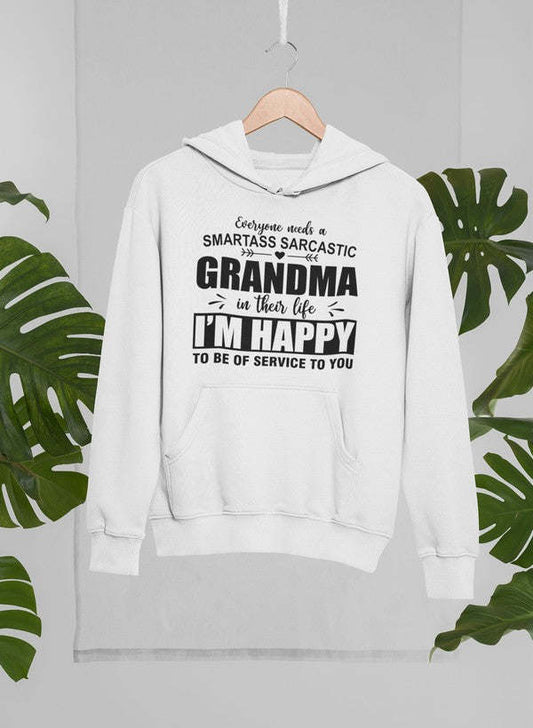 White hoodie with hood and front pocket, centered “GRANDMA” sarcastic quote print