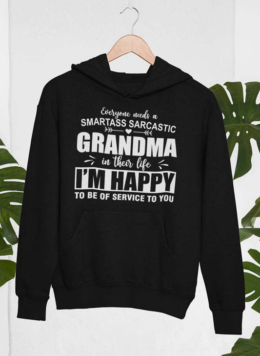 Black hoodie with hood and front pocket, large centered “GRANDMA” and “I’M HAPPY” print