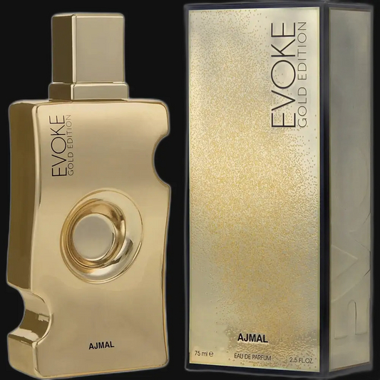 Women’s Evoke Gold by Ajmal eau de parfum bottle, gold and clear glass with cube cap