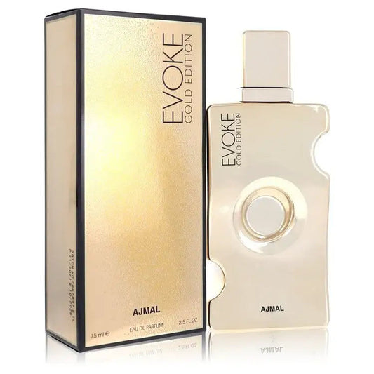 Women’s Evoke Gold by Ajmal perfume bottle with box, cream-gold glass and rectangular cap