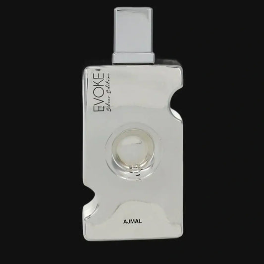 Women's perfume bottle with silver cap, white body and circular Ajmal medallion