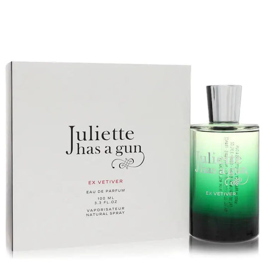 Ex Vetiver unisex eau de parfum set with white box and green bottle, silver cap