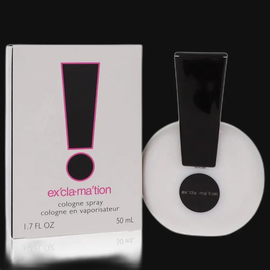 Women's Exclamation By Coty cologne spray box and black-capped bottle, 50 mL