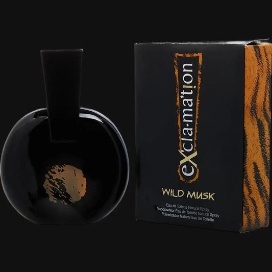 Women’s Wild Musk perfume bottle with black cap and Exclamation box