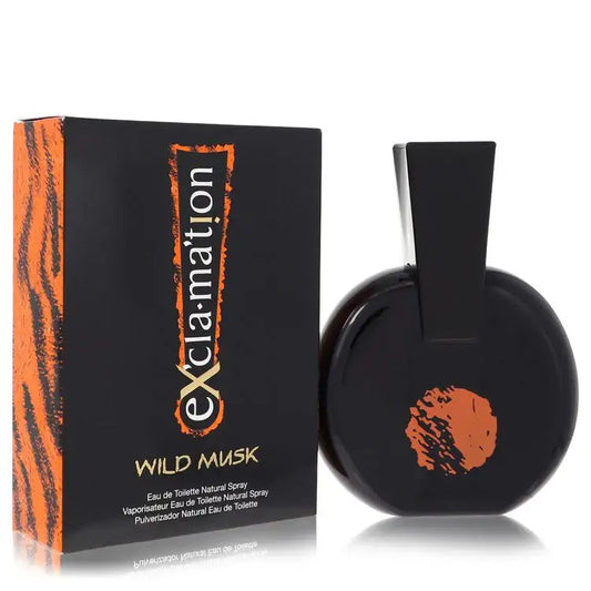 Wild Musk eau de toilette set: black perfume bottle and Exclamation carton