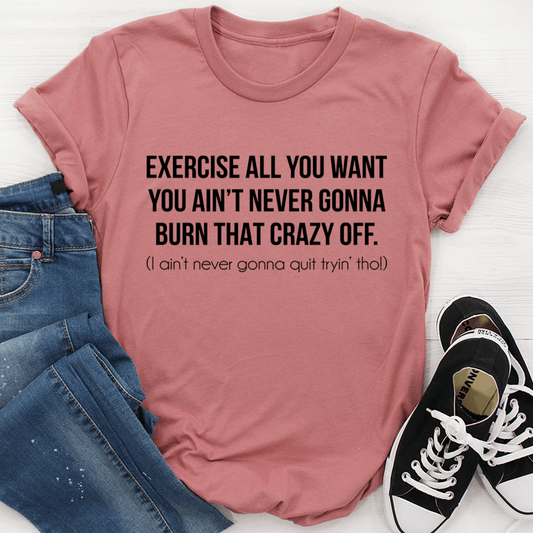 Mauve crew-neck T-shirt with bold white slogan graphic on front
