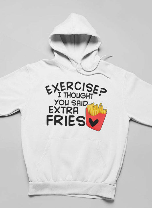 White hoodie with centered front text and fries in a red heart graphic