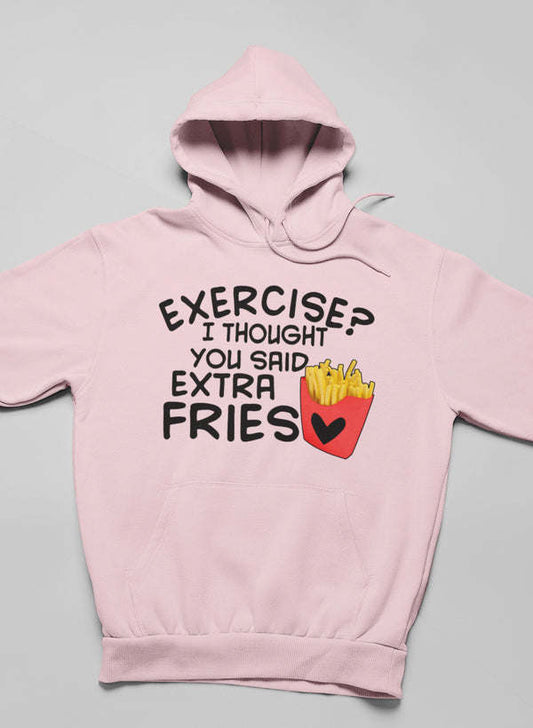 Pink hoodie with centered front text and fries in a red heart graphic