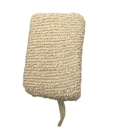 Beige exfoliating bath sponge with hanging loop and textured weave