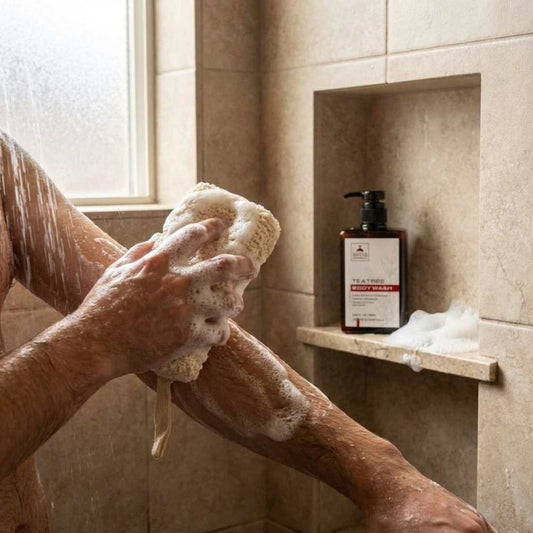 Hands holding beige exfoliating bath sponge coated in foam
