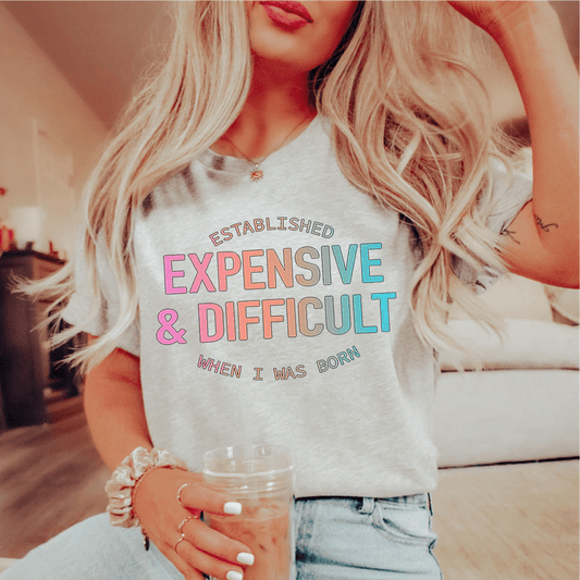 Heather gray crew-neck T-shirt with 'EXPENSIVE & DIFFICULT' front print
