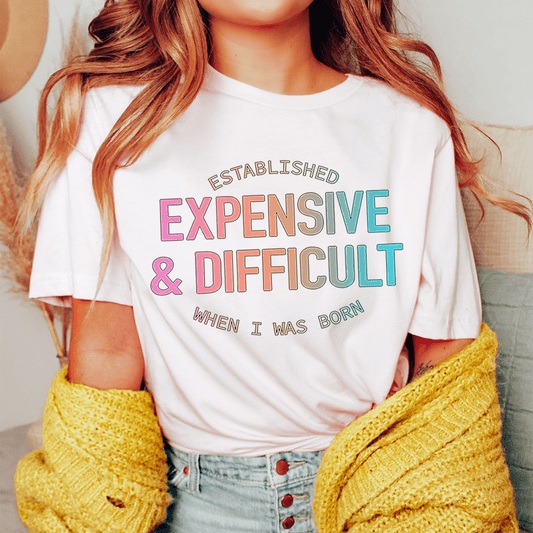 White crew-neck T-shirt with 'EXPENSIVE & DIFFICULT' front graphic