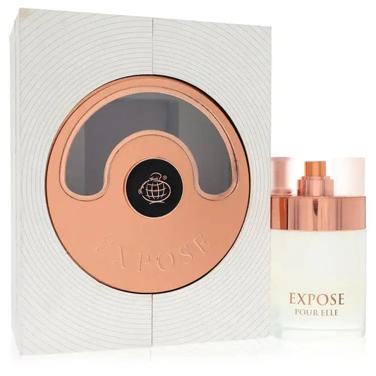 Women’s perfume gift set with Expose Pour Elle bottle and gold-toned cap