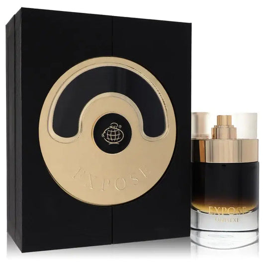 Unisex fragrance set with black gift box and gold-toned bottle, EXPOSE