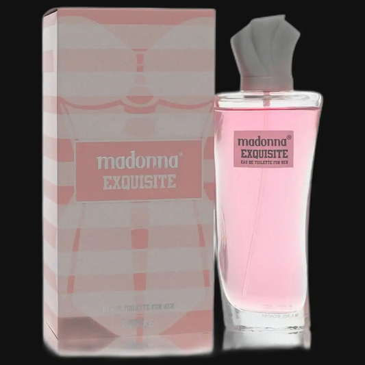 Women's eau de toilette bottle with pink glass and Madonna Exquisite box