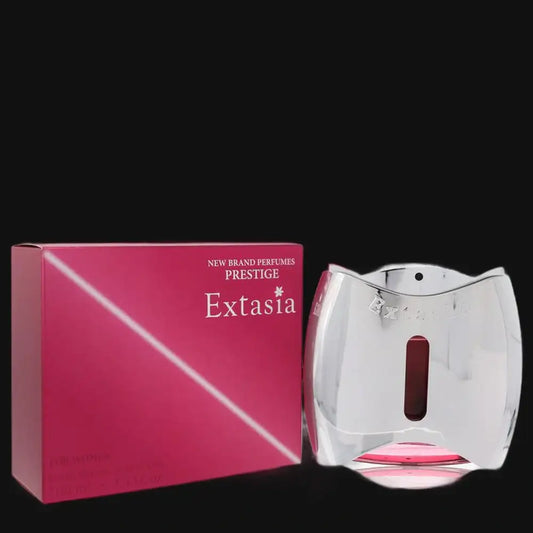 Women's perfume bottle with pink Extasia box, silver glass and red center panel