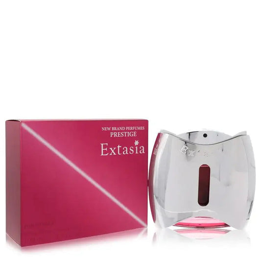 Women's perfume bottle and pink box, clear silver glass with red vertical accent