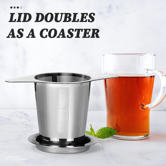 Stainless steel tea infuser basket with mesh screen and wide base for cups