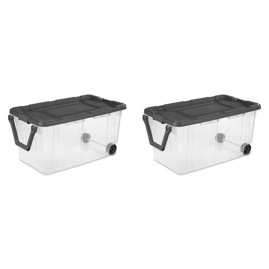 Two clear plastic storage bins with gray lids, side handles, and small wheels