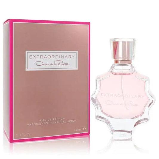 Women's perfume with clear bottle, pink cap, and pink-bordered box, Oscar de la Renta