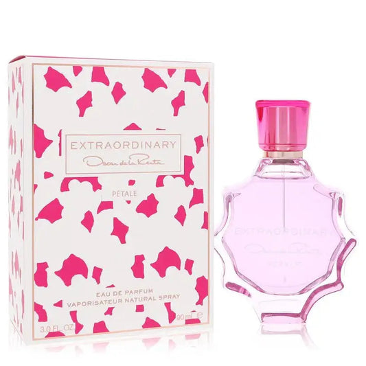 Women’s eau de parfum with petal-pattern box and pink-capped glass bottle