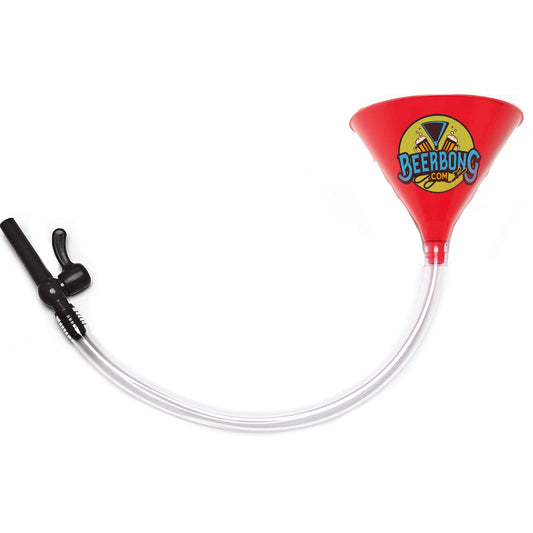 Red beer pong funnel with curved tube and black pour valve connector