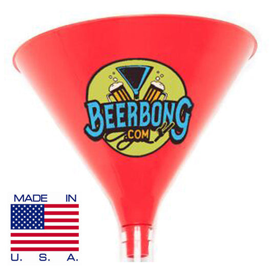 Red beer pong funnel with BeerBong.com logo and valve connector at base